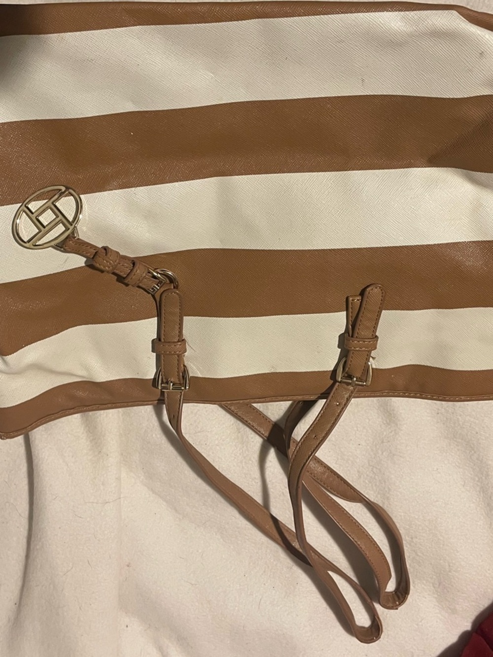 Striped Tan and Cream Tote with Gold Logo Charm